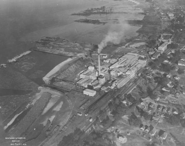 An aerial photograph of the paper mill in 1920. Photo courtesy of the Hackley Library
