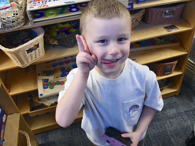 Rogen poses for a picture at Garden of Dreams Preschool in Battle Creek