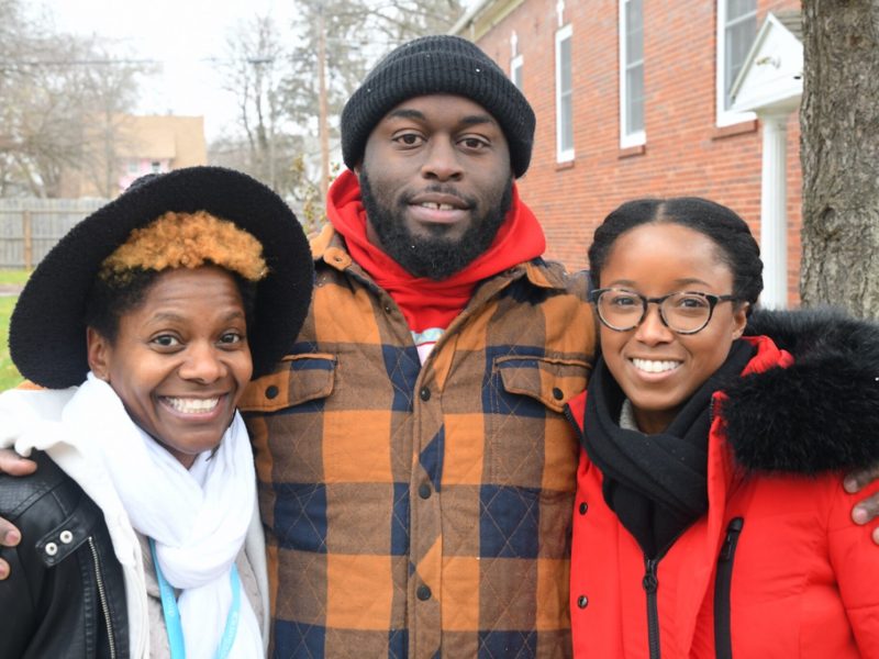 (L – R) Deidre Fields, community partner, James Gunter, community advocate, and Ashley Hines, executive director of Benton Harbor Community Development Corporation, in front of the African American History Gallery on Broadway Avenue in Benton Harbor.
