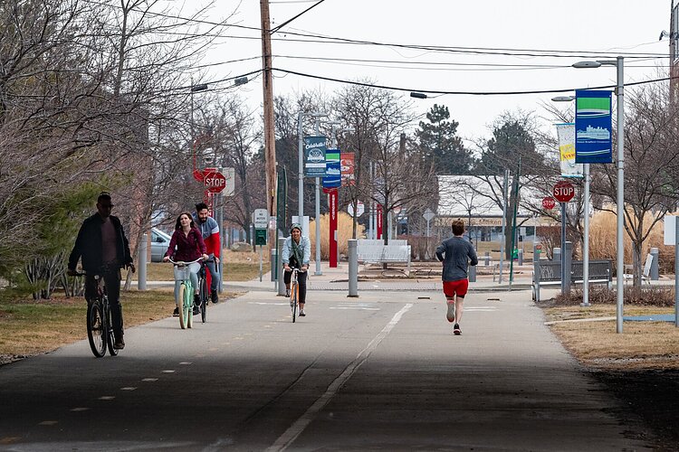 People walking and biking along the Dequindre Cut in Detroit in February.
