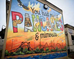 A mural welcomes customers to Sandusky Bay Pancake House.