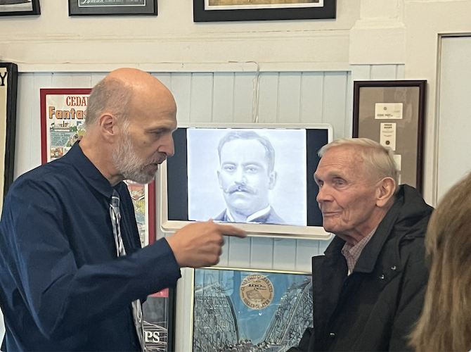 Author and former Cedar Point employee Ken Miller talks with former CEO of Cedar Point Entertainment Co. Dick Kinzel during the VIP Preview.