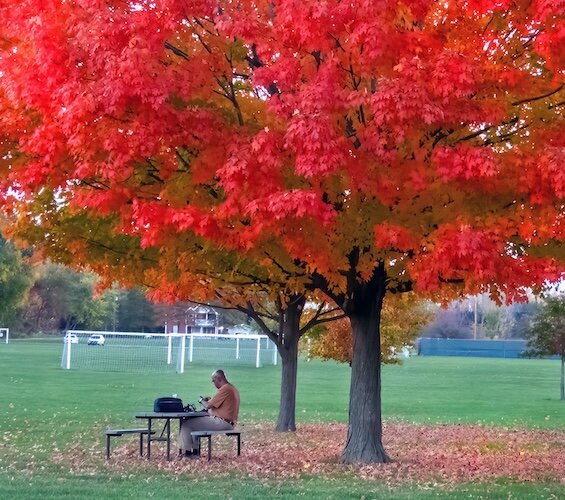Dr. Donald Smith spends time talking on his ham radio under one of his favorite trees at Osborn MetroPark.