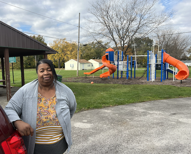 Grant stands in Churchwell Park, where she has spent a lot of time, in the MacArthur Park neighborhood.