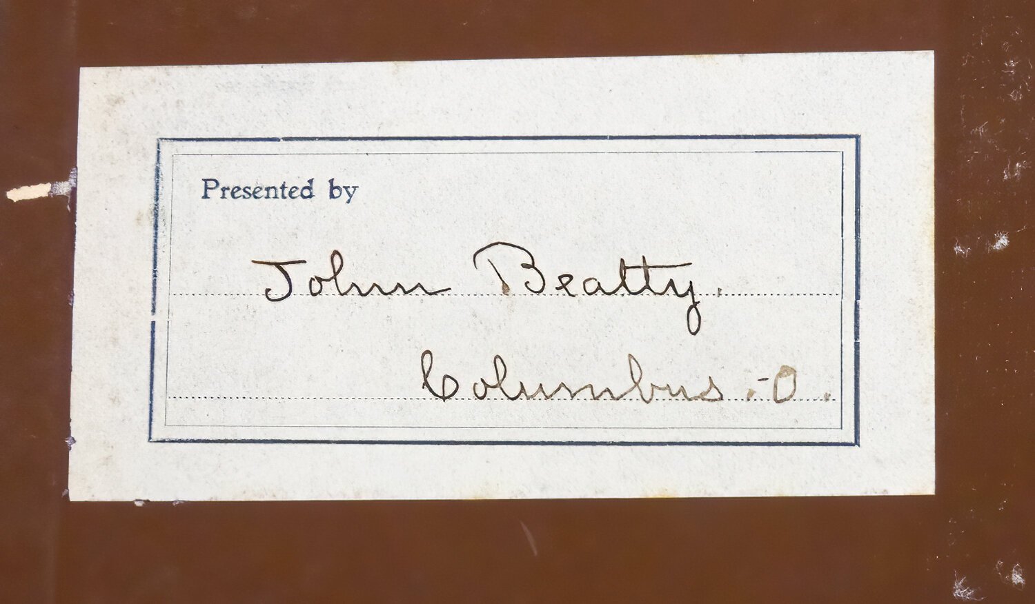 On the inside front cover is the dedication sticker with Beatty’s signature. Though Beatty was born in Sandusky, he spent most of his life in Columbus. (Photo/Tim Fleck)