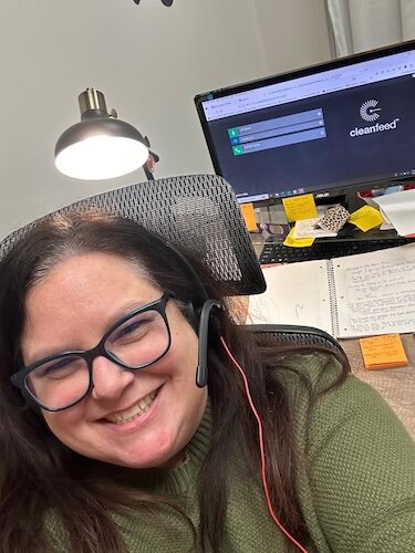 Bauer prepares for a podcast recording session. (Photo/Courtesy of Jill Bauer)