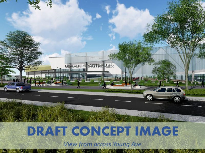 A draft concept image from the City's updated Fairgrounds plan, featuring a youth sports complex. Youth sports is a lucrative, growing tourism sector. Mayor Strickland said the proposal is unique in that it focuses on indoor sports, as the city alrea