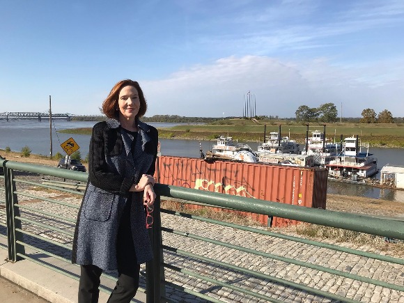 Emily Ballew Neff, executive director of the Brooks Museum, stands in front of the museum's proposed home at the Memphis riverfront. (Mark Jordan)