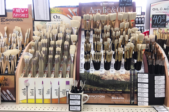 Artists can choose from a wide selection of acrylic, watercolor, or oil paints along with supplemental mediums and brushes. (Kim Coleman)