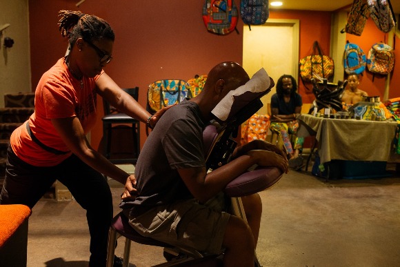  Darius "PhatMak" Clayton is the owner of The Den on 656 Marshall Avenue in The Edge District. He hosts several spoken word and open mic events and also provides a space for local entrepreneurs to sell products and services such as shea butter, hand-stitched backpacks and massage services. 