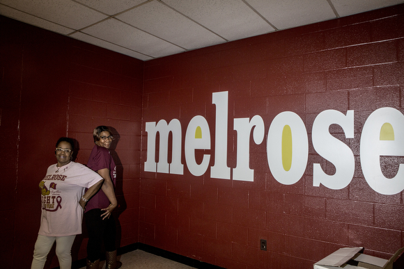 Sharon Jones (class of 1979) and her sister Pasadena (class of 1980) pose for a photo at the annual Melrose High School alumni breakfast on Saturday morning, October 7, 2017. (Andrea Morales)