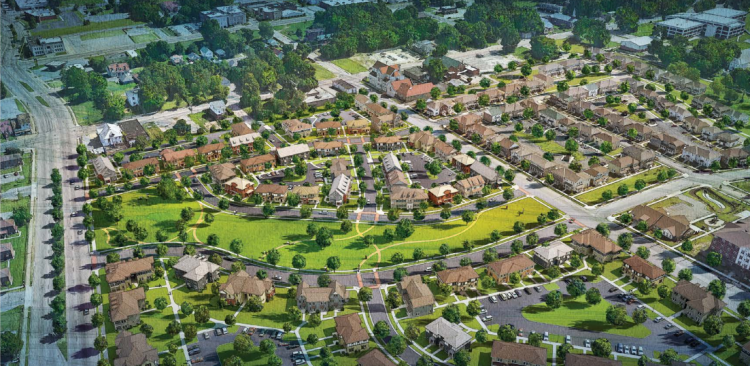An aerial view of the southwest corner of the South City development, as prepared by Looney Ricks Kiss. 
