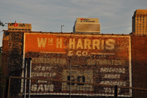 Surrounded by hi-rises and office towers, the Memphis Tobacco Company sign remains as a testament to Memphis' merchant past. 