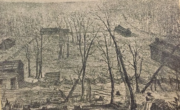 A sketch drawn by a visitor to the Nashoba Community shows the cooperative at its height, still largely undeveloped but with a few houses, storage buildings and a small store.