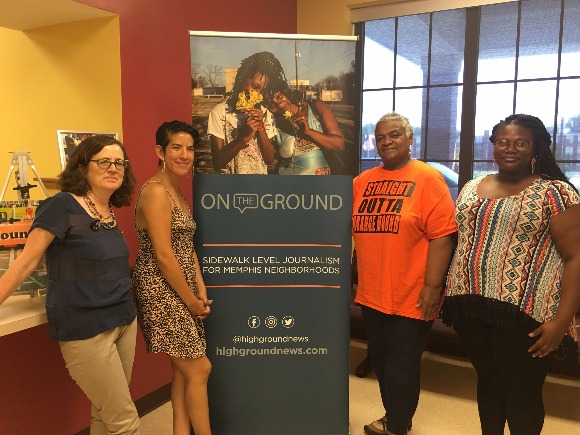 Emily Trenholm, engagement manager; Andrea Morales, On The Ground photojournalist; Angela Barksdale, president of Melrose Center for Cultural Enrichment and Erica Horton, On The Ground editor, stand in the High Ground News Orange Mound office.