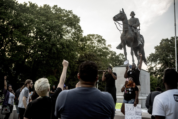 After marching down Union Avenue, community members gathered once more at the Nathan Bedford Forrest statue to wrap up.