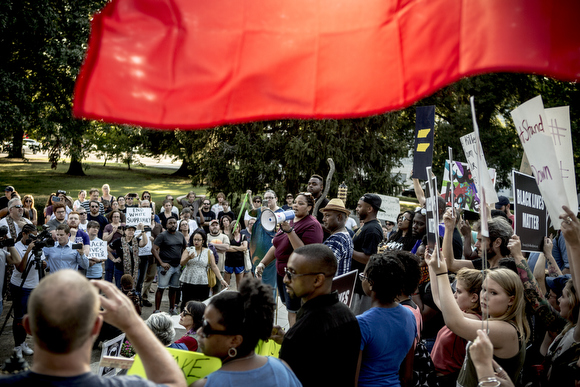 Folks gather at Health Sciences Park at the Memphis event held in solidarity with Charlottesville following the Aug. 12 events that included white supremacist rallies and violence against counter protesters.