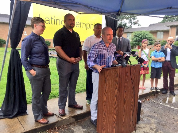 Mauricio Calvo, executive director of Latino Memphis, addresses the community after a week of ICE raids.