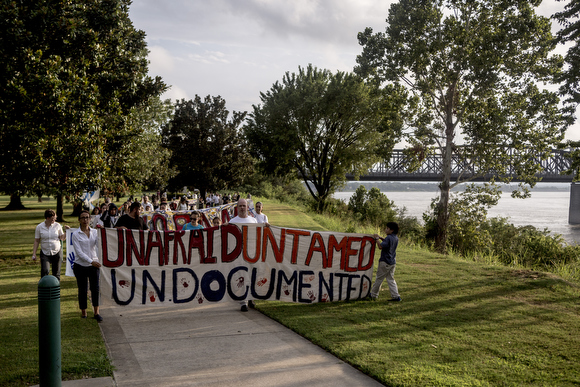 Over 100 people gathered at Martyr's Park and marched down Riverside Drive to Beale Street in order to create visibility around the impact the Immigration and Customs Enforcement raids have had on the Latin American immigrant population in Memphis.
