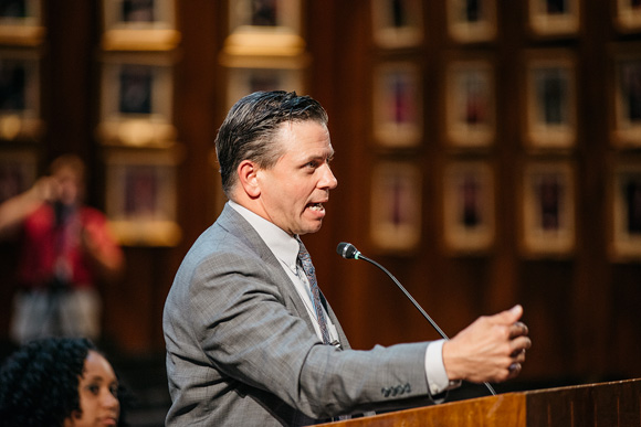 Robert Knecht, director of Public Works for the City of Memphis, addresses the Memphis City Council about retirement grants for participants of the 1968 strike. "It honors their legacy," he said. 