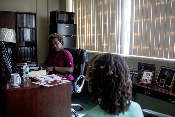 Principal Alisha Kiner works with assistant principal Tara Harris-Davis.