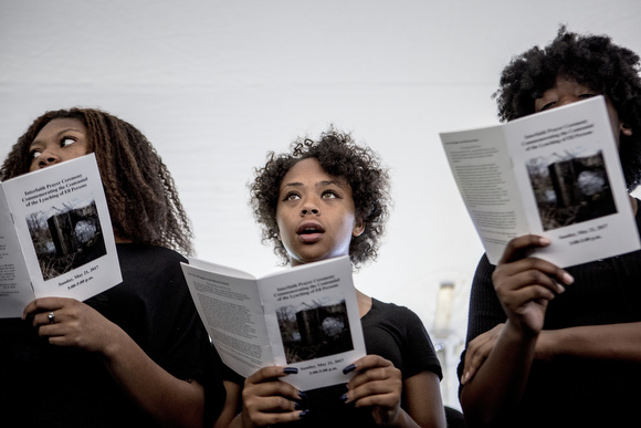 The Central High School concert singers perform at the commemoration ceremony. In 1917, many students from Central High School missed school to attend the lynching of Ell Persons, adding to the festival-like atmosphere of the horrific event. Students