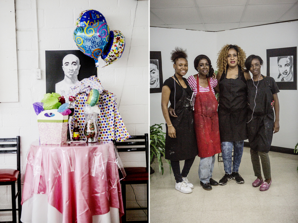 A decorative display in the dining area of Miss Shirley's Soul Food; Shirley Dugan, (second from L) namesake and head chef at Miss Shirley's Soul Food, stands for a portrait with her sister Cynthia Woodard and her daughters Lamyrical Brown (L) and Tomesha Billups (R).