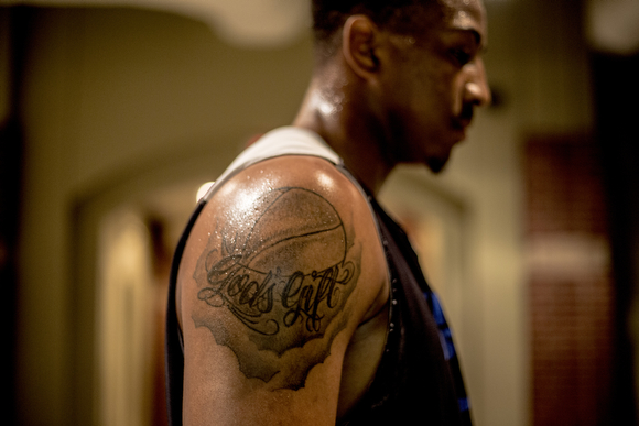 Tony Jeffries, a player on the West Memphis Ballers, stands for portrait at the Neighborhood Christian Center during a game against the center's team.
