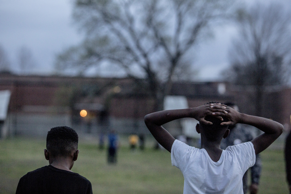 Kids on the North Memphis Steelers football team practice at the Katie Sexton Community Center.