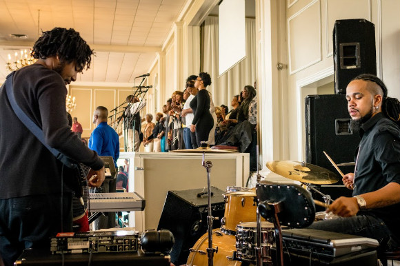 Preston Clark (L) and Kennith Shephard are members of New Olivet's house band.