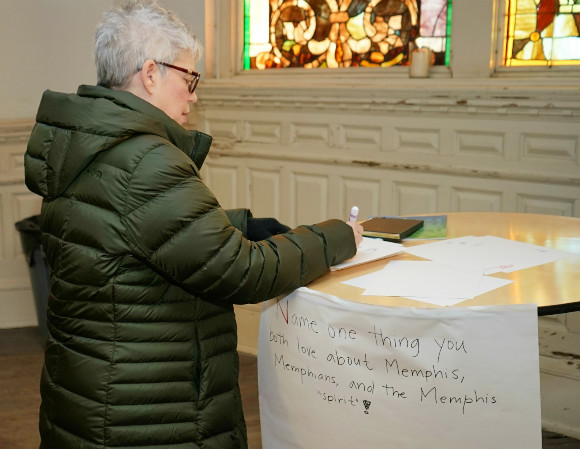 A Memphians responds to a banner reading, "Name one thing you love about Memphis Memphians and the Memphis spirit"