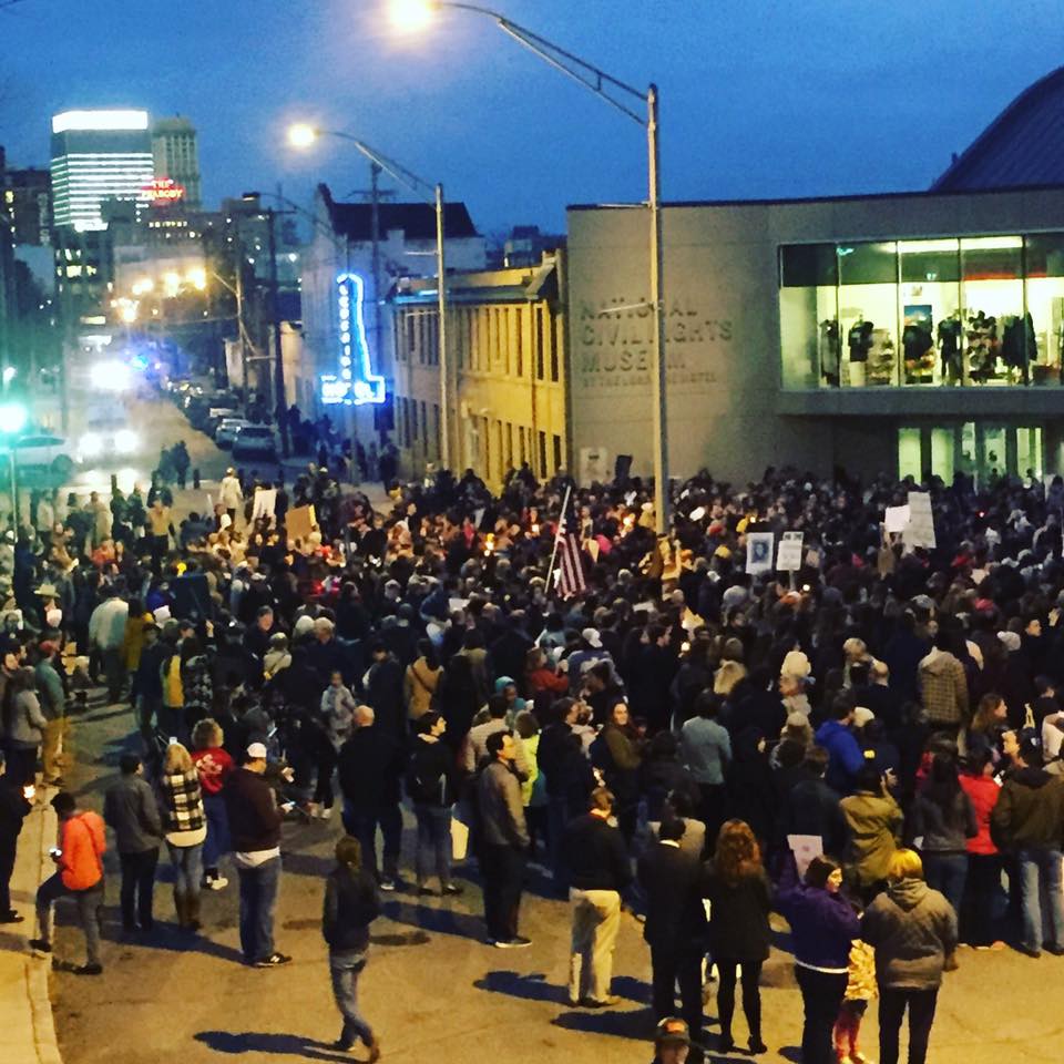 A view of the crowd gathered outside of the National Civil Rights Museum. (J. Dylan Sandifer)