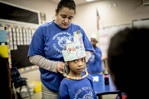 Students in Mrs. Shepard's kindergarten class work on a project at the Memphis Scholars Caldwell-Guthrie School in Smokey City.