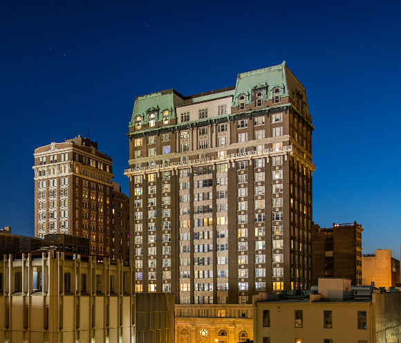 The green-roof Exchange Building towers over Downtown Memphis.