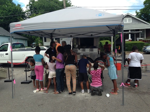 The Ornamental Metal Museum's mobile forge at the Orange Mound in May event.
