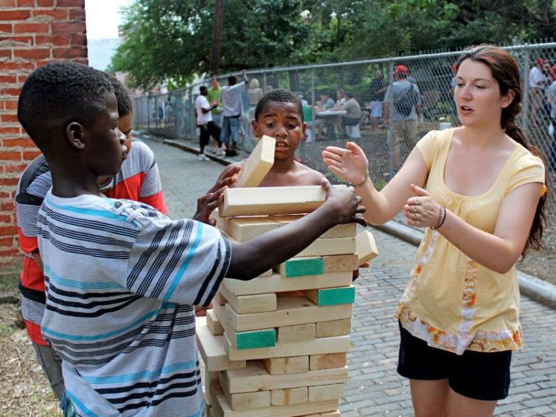 A big game of Jenga at Five Points Alley in Cincy