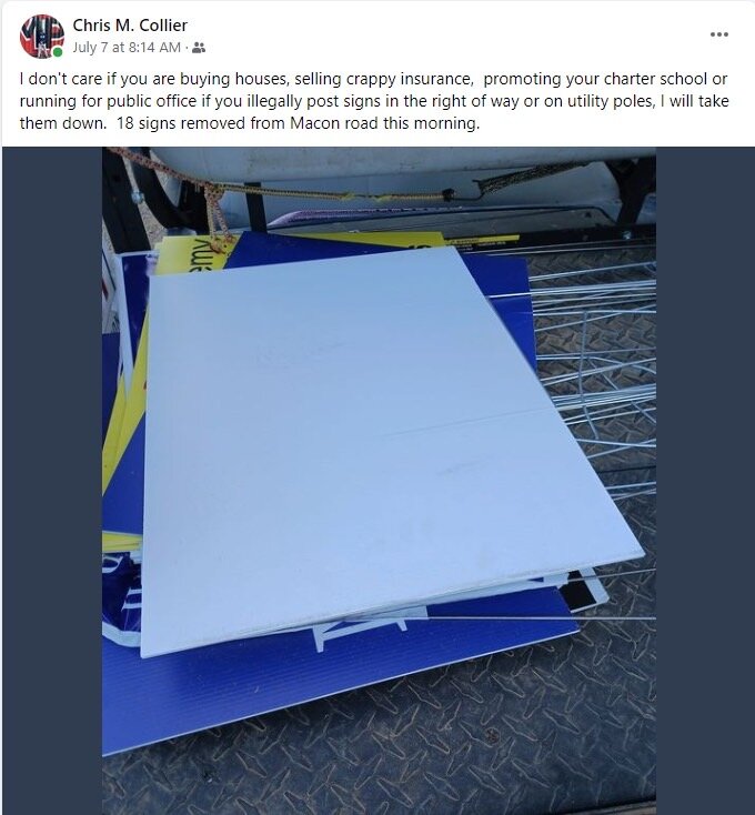 “When I pull down signs and post on Facebook, it creates a domino effect and others start grabbing signs and posting about it,” Collier says.