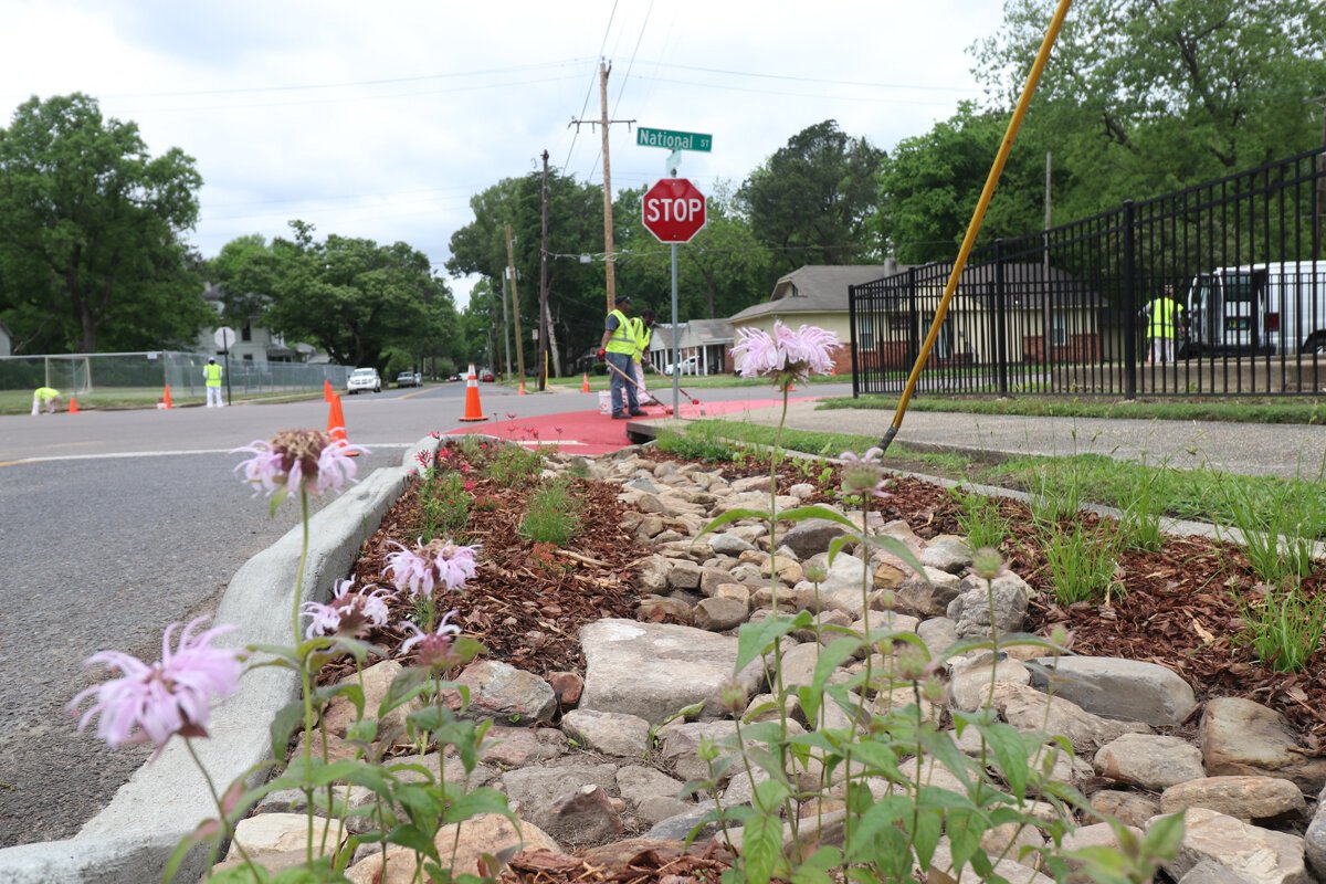 Installation of Shelby County's first in-road bioswale includes traffic calming features throughout the intersection of Tutwiler and National in the Heights. (Reginald Johnson). 