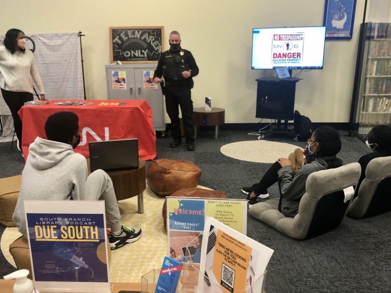 Community Service Officer Steven Solomon speaks to teens at the South Branch Library about career opportunities with the Canadian National Railway during the Nov. 19, 2021 Grown-ish teen workshop. (submitted)