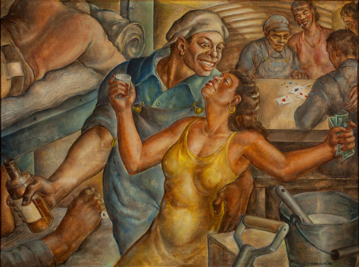 On display at the Dixon Gallery and Gardens as part of the "Black Artists in America" exhibition. (Elmer Brown, American, 1909–1971, Gandy Dancer’s Gal, 1942; Oil on canvas, 24 x 32 inches; ARTneo, Gift of the Elmer Brown Estate)