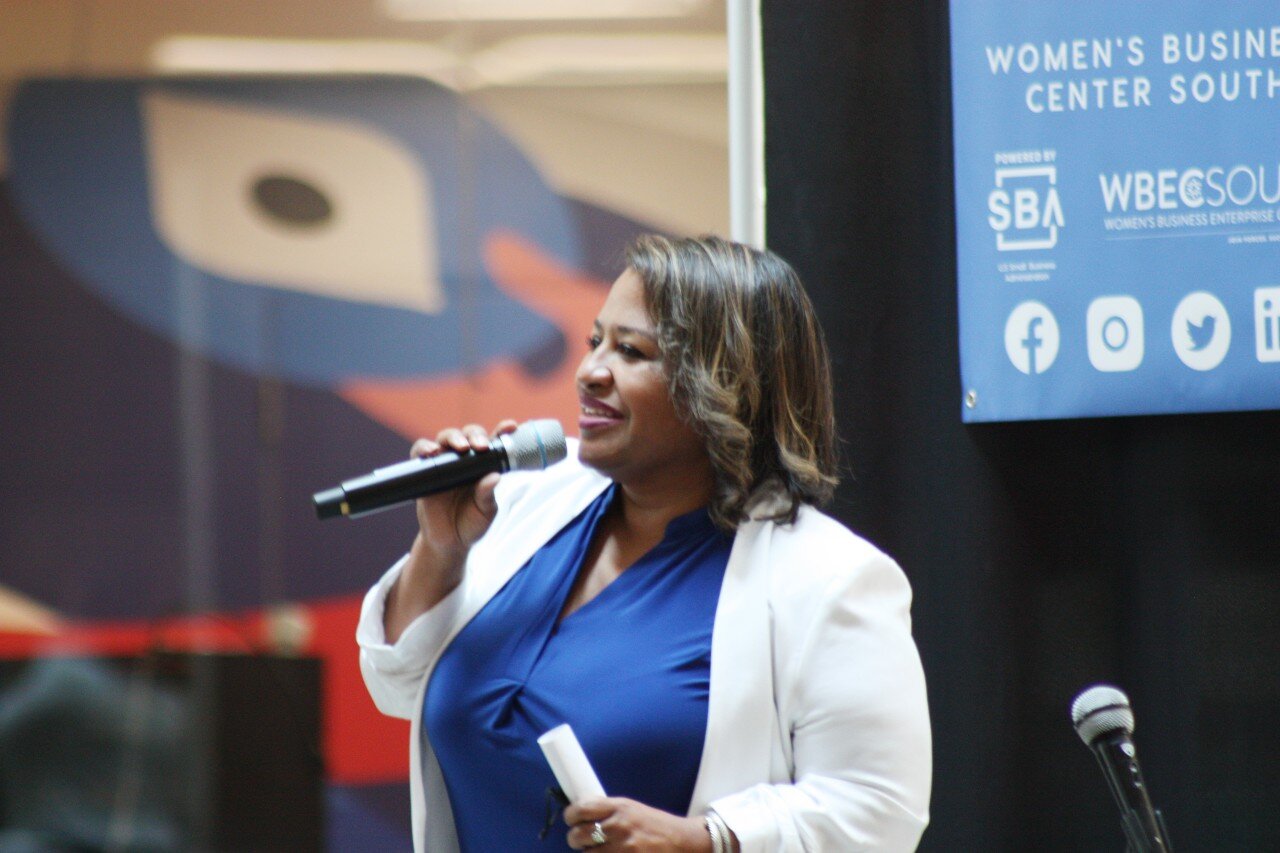 Phala Mire, president & CEO of WBC South's parent organization, the Women's Business Enterprise Council South or WBEC South, spoke at the WBC South grand opening. (HGN / Cole Bradley)