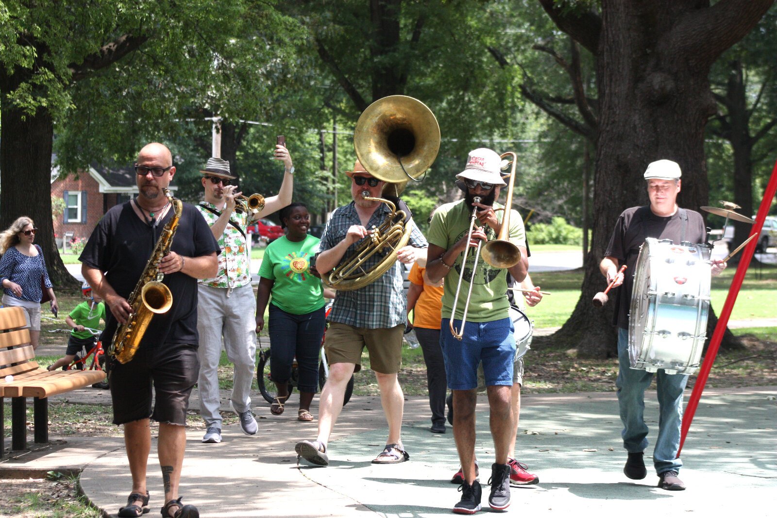 The Mighty Souls brass band led a jazz parade around the playground area of Gaisman Park. (Cole Bradley)