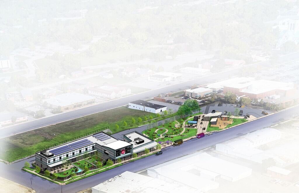 Plans for the new Hospitality Hub campus include a 6,000-square-foot intake facility, multiple greenspaces, day plaza, and barrier-free women's shelter. (Courtesy of Hospitality Hub) 