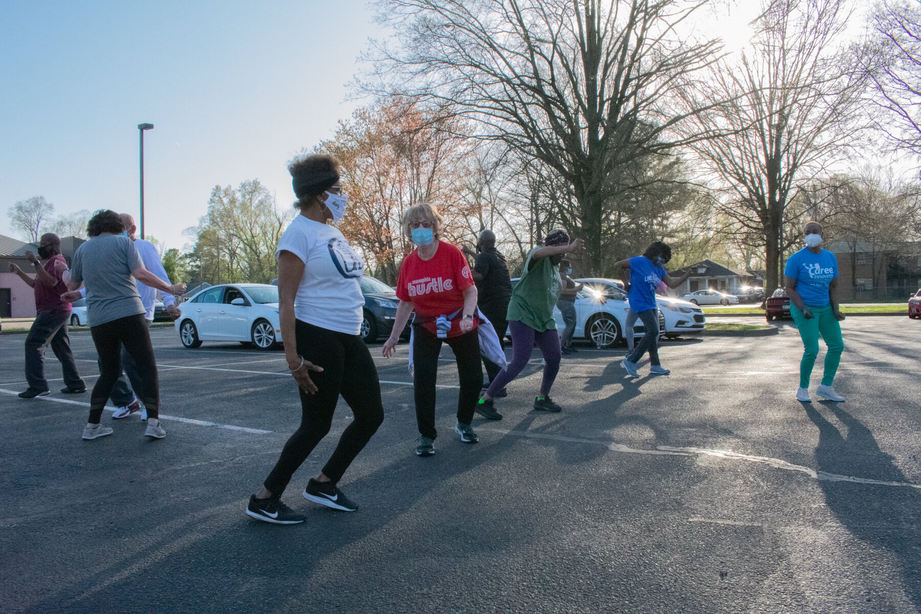 A March 2021 rehearsal of the Hollywood Showliners is held in the parking lot of the Hollywood Community Center for pandemic safety. Belinda Kerusch is second from right. (Sarah Rushakoff)