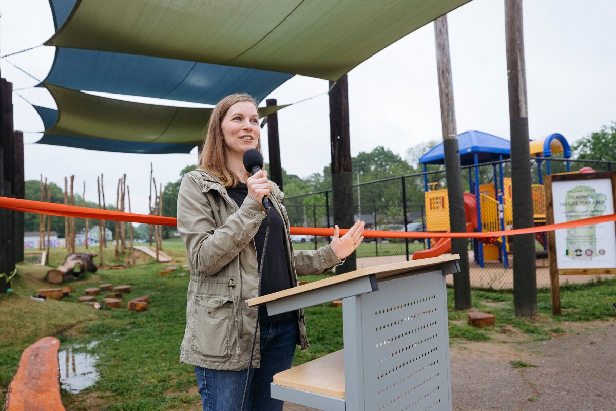 Michelle Forlines speaks at the Treadwell Park nature playground ribbon cutting ceremony in the Nutbush area of The Heights. (Ziggy Mack)