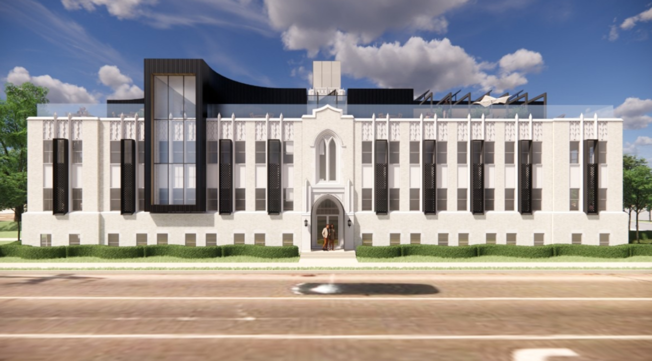 Mario Walker's winning design incorporates Highland Heights United Methodist Church's existing structure with new elements like black steel projections and lighting on the bell tower, which would also be raised. (Rendering by Mario Walker, architect)