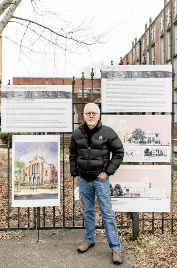 Artist and retired architect and city planner Bob McCabe won third prize in the competition to imagine new uses for the historic Highland Heights United Methodist Church. The contest was run by Heights CDC. (Emily Holmes, Heights CDC)