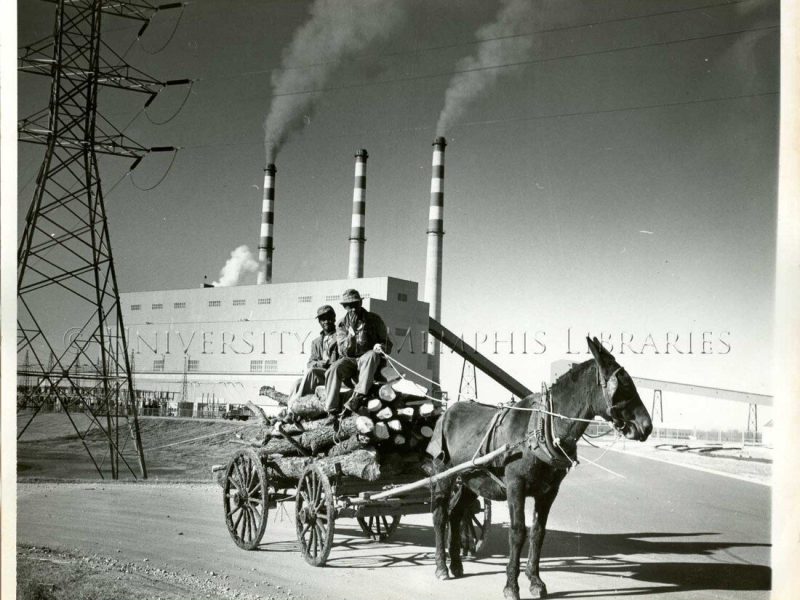 In Boxtown, two men sit on a horse-drawn carriage after collecting wood to warm their houses; 1960. After decades of industrial pollution, Byhalia Pipeline LLC wants to move crude oil under Boxtown. (University of Memphis Libraries, Ken Ross)