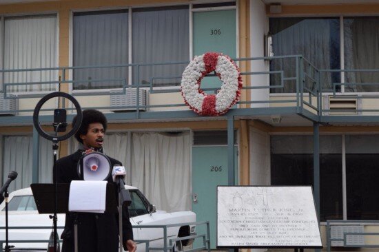 MCAP co-founder Pearson now rallies in front of the Lorriane Motel in front of the balcony, where Martin Luther King Jr. was assassinated. He said King's spirit did not die because they are fighting for a brighter future. (MCAP Twitter)
