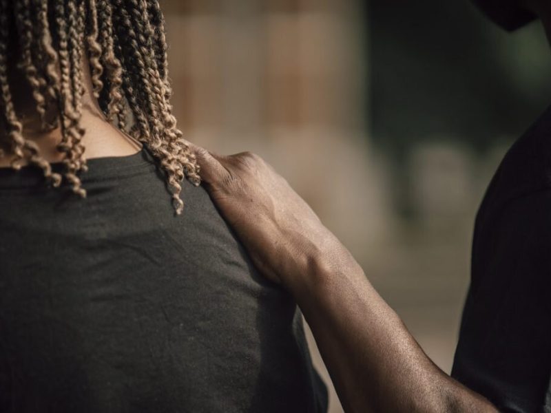 June 20, 2020. One participant comforts another during a moment of silence at the “Our Now, Our Future” march for Black children at Overton Park. About 200 hundred people showed up in solidarity. (Andrea Morales for MLK50)